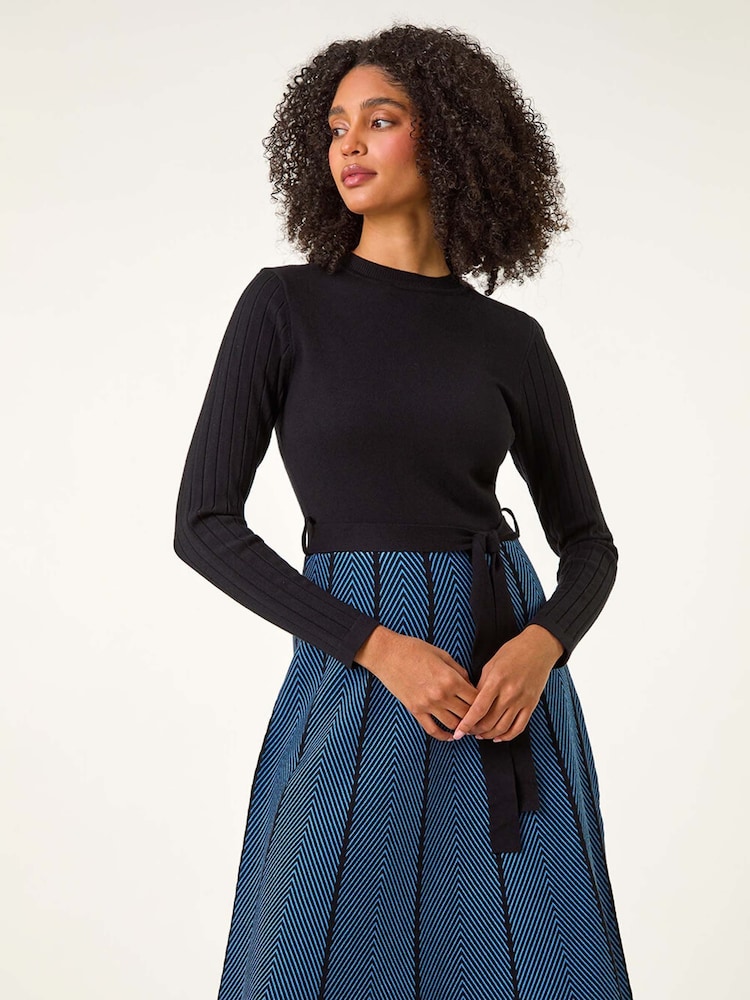 Roman Blue Chevron Print Belted Jumper Dress - Image 2 of 5