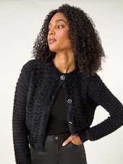 Roman Black Fluffy Knit Button Cardigan - Image 1 of 5