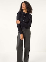 Roman Black Fluffy Knit Button Cardigan - Image 2 of 5