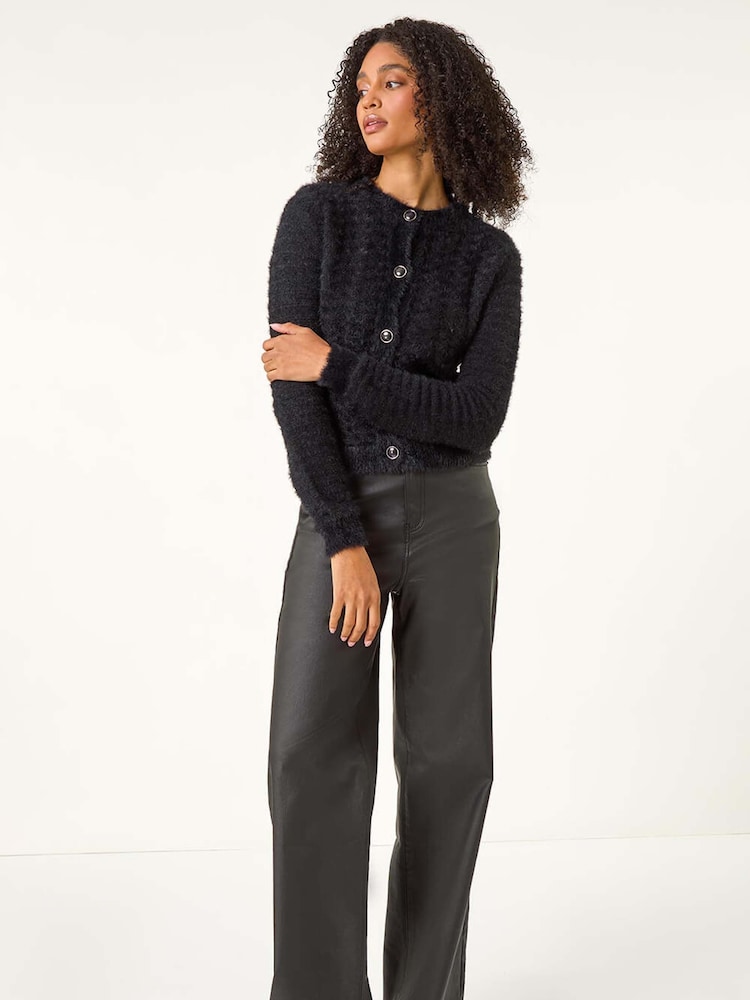 Roman Black Fluffy Knit Button Cardigan - Image 2 of 5