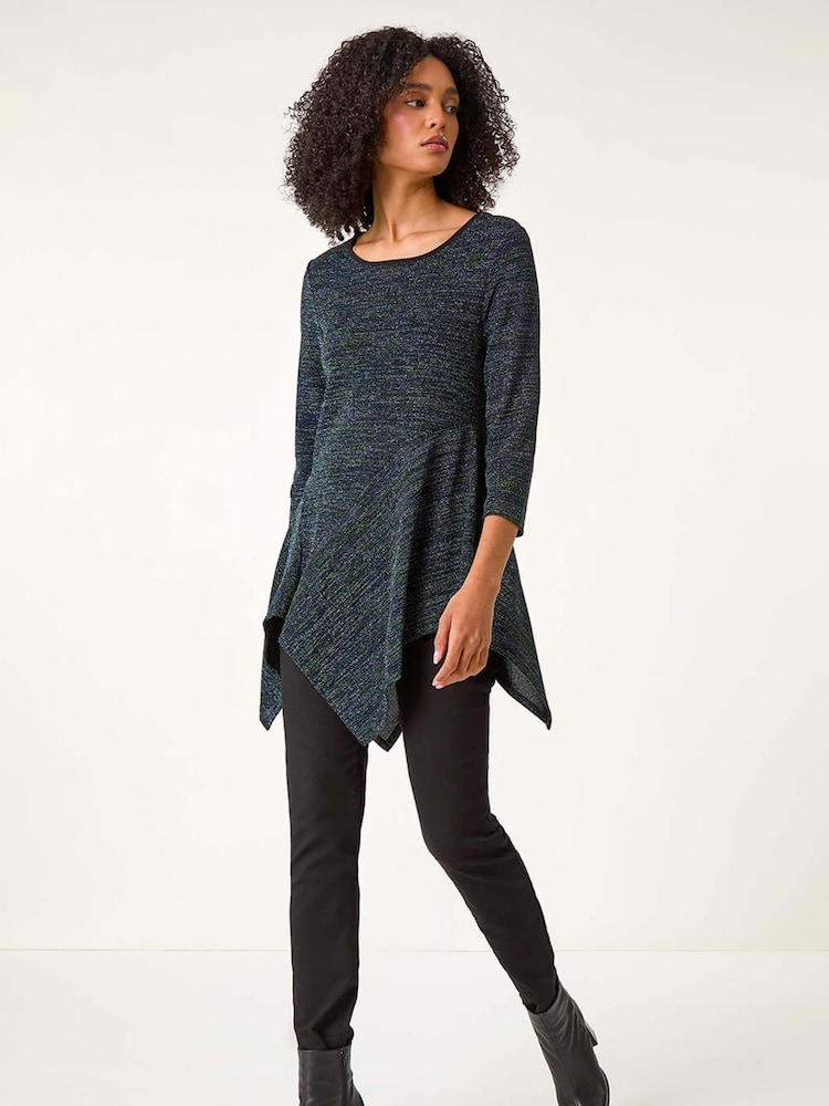 Roman Blue Glitter Hanky Hem Tunic Stretch Top - Image 1 of 6