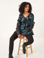Roman Blue Floral Print Ladder Trim Top - Image 1 of 5