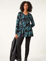 Roman Blue Floral Print Ladder Trim Top - Image 2 of 5