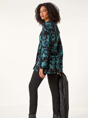 Roman Blue Floral Print Ladder Trim Top - Image 3 of 5