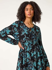 Roman Blue Floral Print Ladder Trim Top - Image 4 of 5