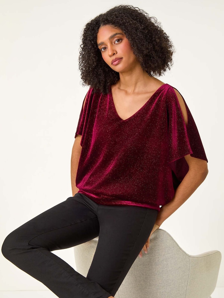 Roman Red Glitter Velvet Banded Hem Stretch Top - Image 1 of 5