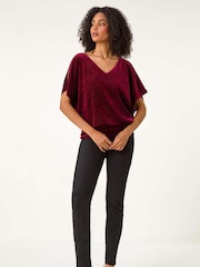 Roman Red Glitter Velvet Banded Hem Stretch Top - Image 2 of 5