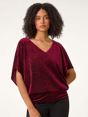 Roman Red Glitter Velvet Banded Hem Stretch Top - Image 4 of 5