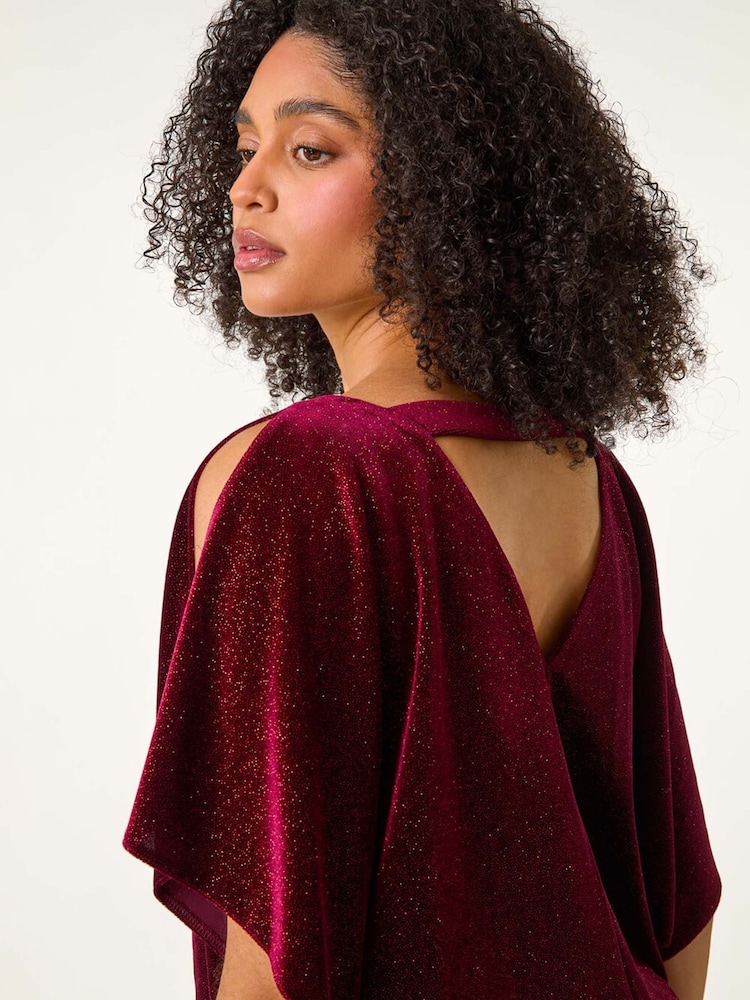Roman Red Glitter Velvet Banded Hem Stretch Top - Image 5 of 5