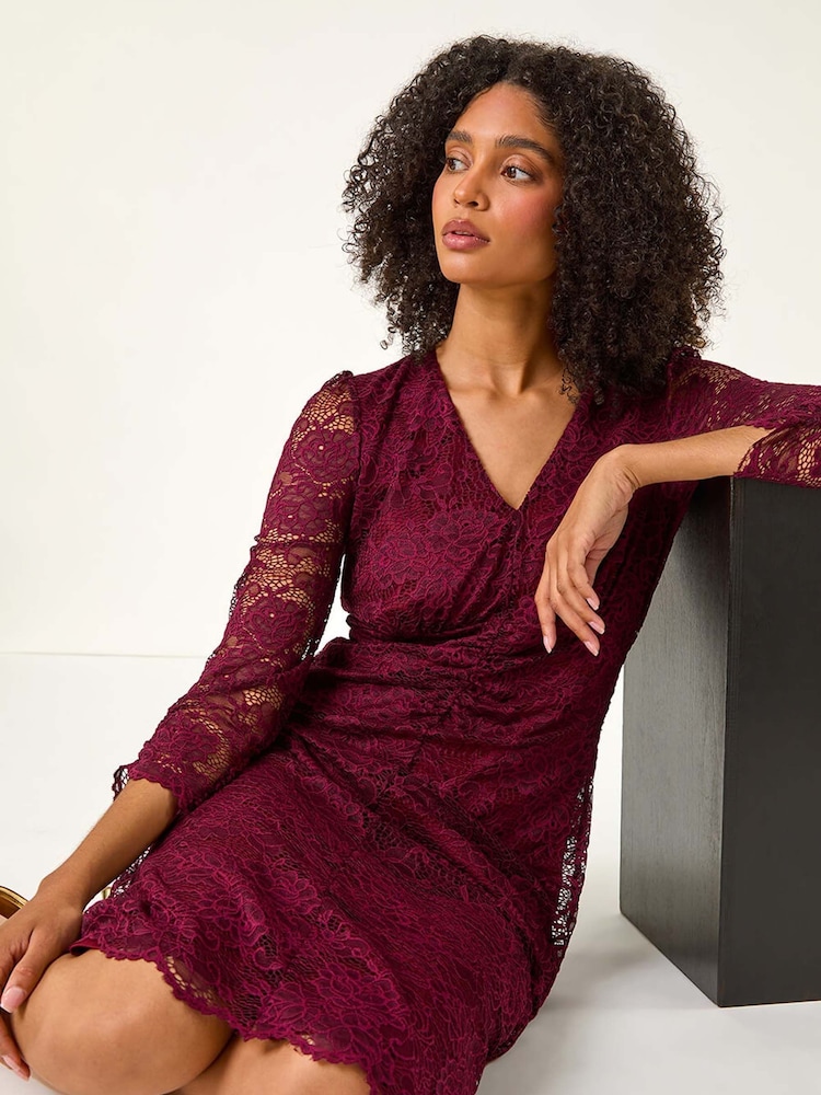 Roman Burgundy Red Corded Lace Midi Dress - Image 1 of 5