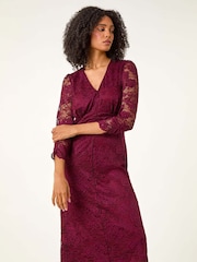 Roman Burgundy Red Corded Lace Midi Dress - Image 2 of 5
