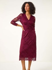 Roman Burgundy Red Corded Lace Midi Dress - Image 4 of 5