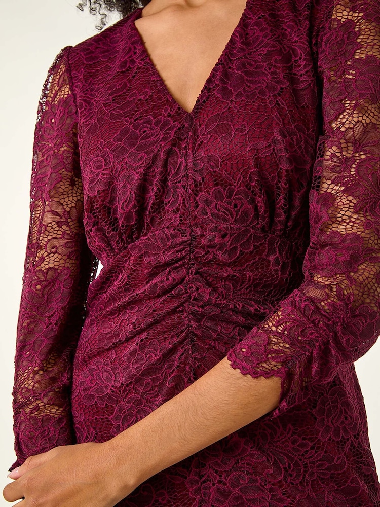 Roman Burgundy Red Corded Lace Midi Dress - Image 5 of 5