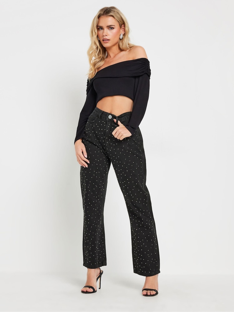 PixieGirl Petite Black All-Over Studded 100% Cotton Jeans - Image 1 of 5