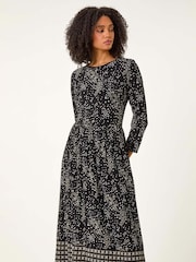 Roman Black Floral Border Midi Dress - Image 1 of 6