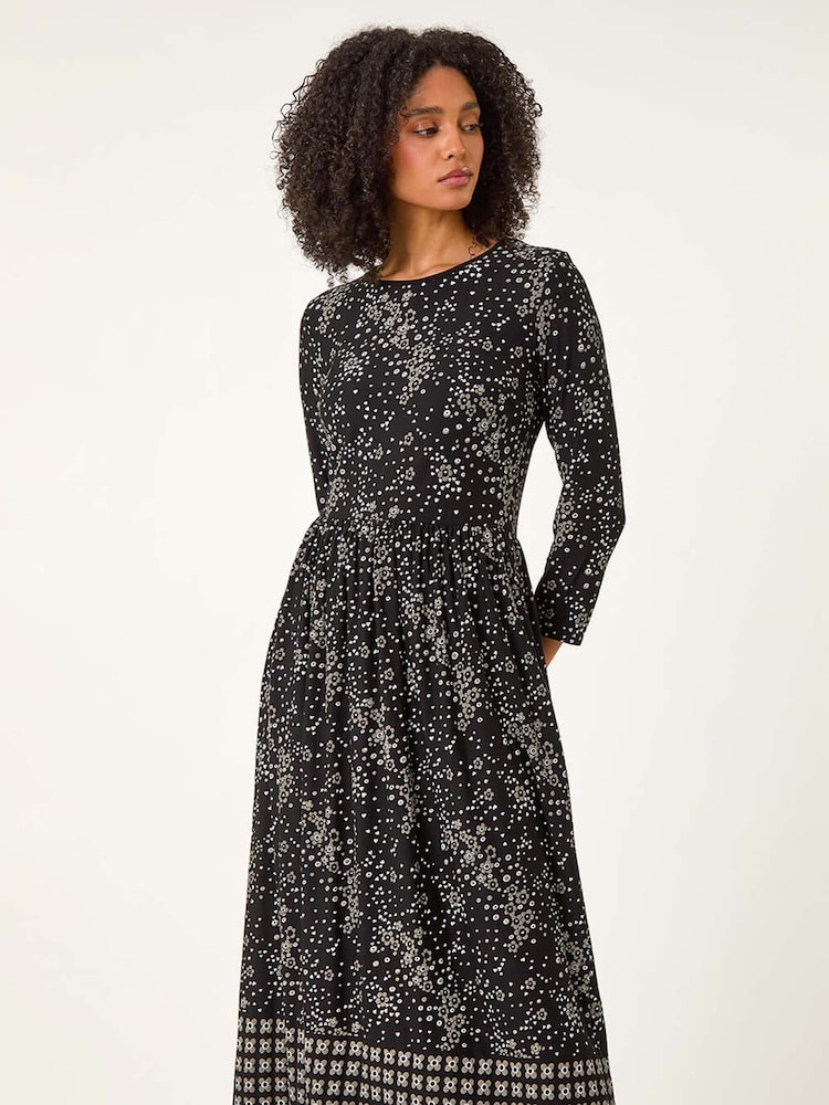 Roman Black Floral Border Midi Dress - Image 1 of 6
