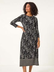 Roman Black Floral Border Midi Dress - Image 4 of 6