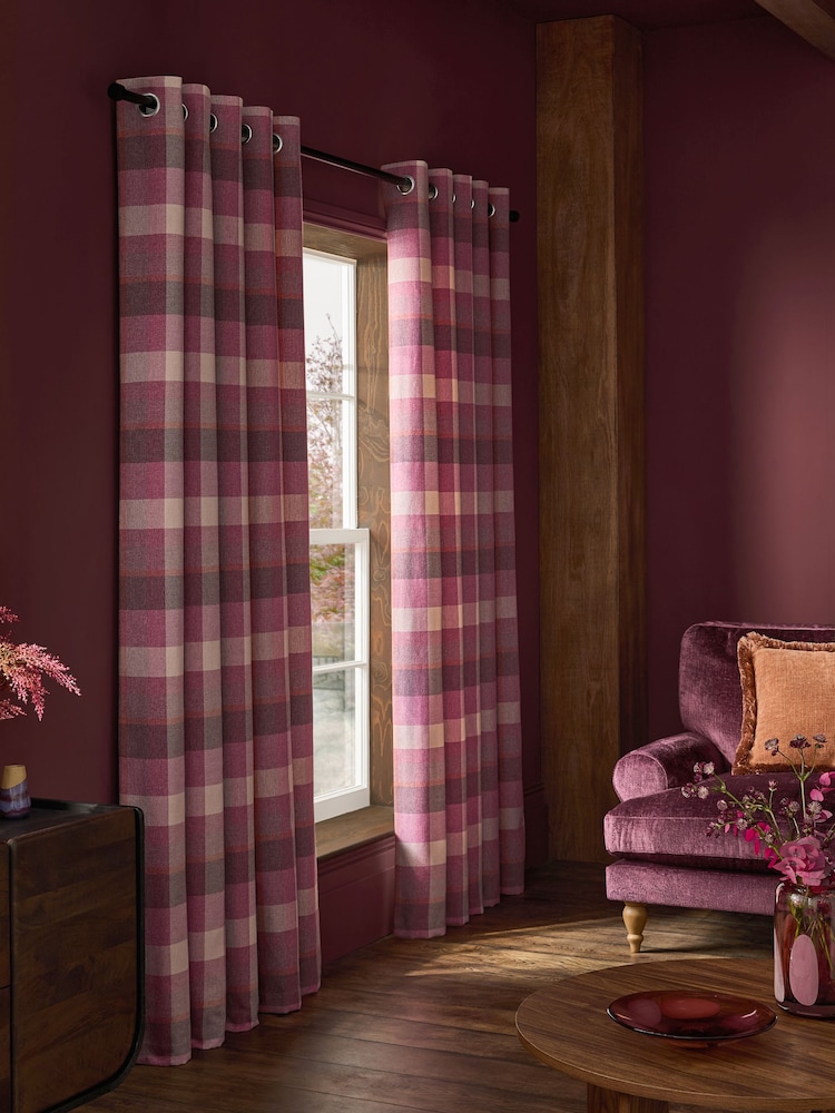 Berry Pink Brushed Check Eyelet Eyelet Curtains - Image 2 of 6 Berry Pink Brushed Check Eyelet Eyelet Curtains - Image 2 of 6
