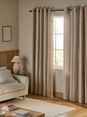 Natural Block Woven Stripe Lined Eyelet Curtains - Image 1 of 5