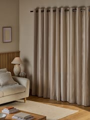 Natural Block Woven Stripe Lined Eyelet Curtains - Image 2 of 5