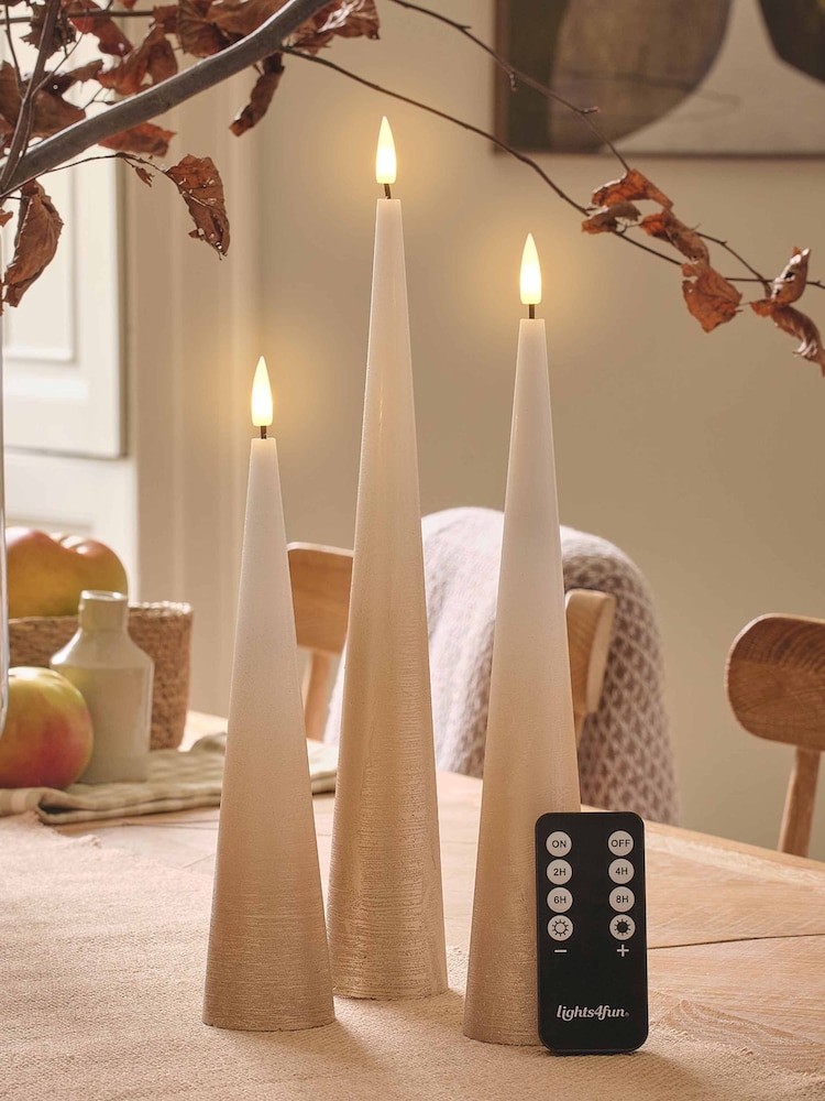 Lights4fun Set of 3 Bronze Tall Slim Cone Candles In Bronze Ombre With Infrared Remote Control - Image 2 of 5 Lights4fun Set of 3 Bronze Tall Slim Cone Candles In Bronze Ombre With Infrared Remote Control - Image 2 of 5