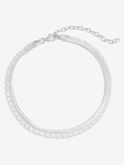Simply Silver Tone 925 Polished Textured Double Chain Bracelet - Imagen 1 de 3