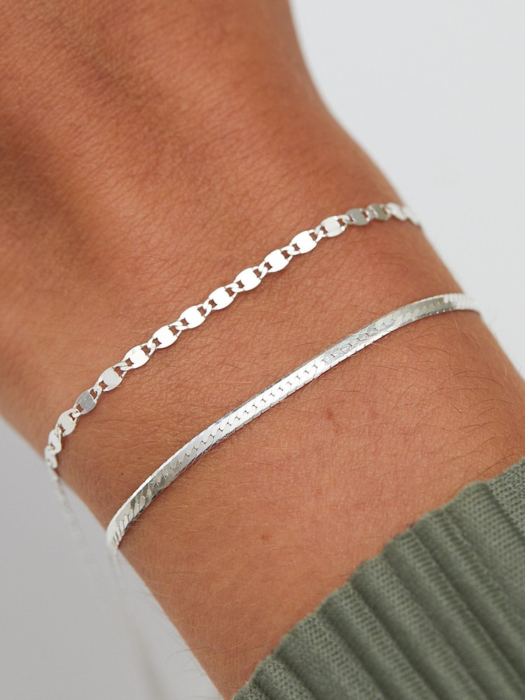 Simply Silver Tone 925 Polished Textured Double Chain Bracelet - Imagen 3 de 3