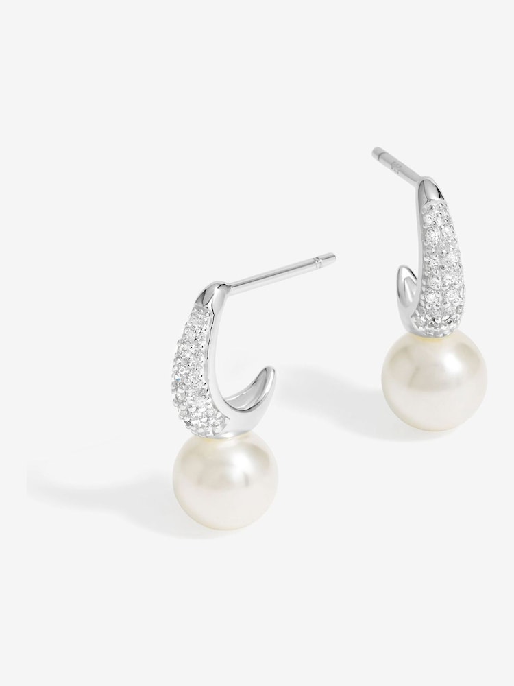 Simply Silver Silver Tone 925 Cubic Zirconia Pave and Pearl Hoop Earrings - Image 1 of 5