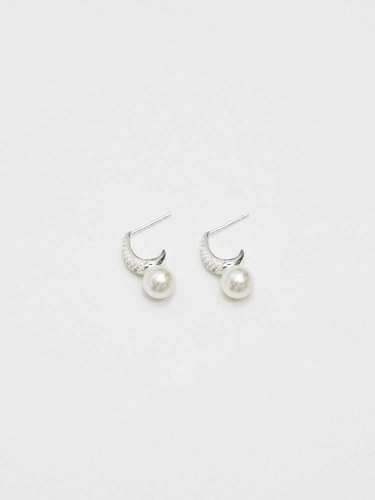 Simply Silver Silver Tone 925 Cubic Zirconia Pave and Pearl Hoop Earrings - Image 2 of 5