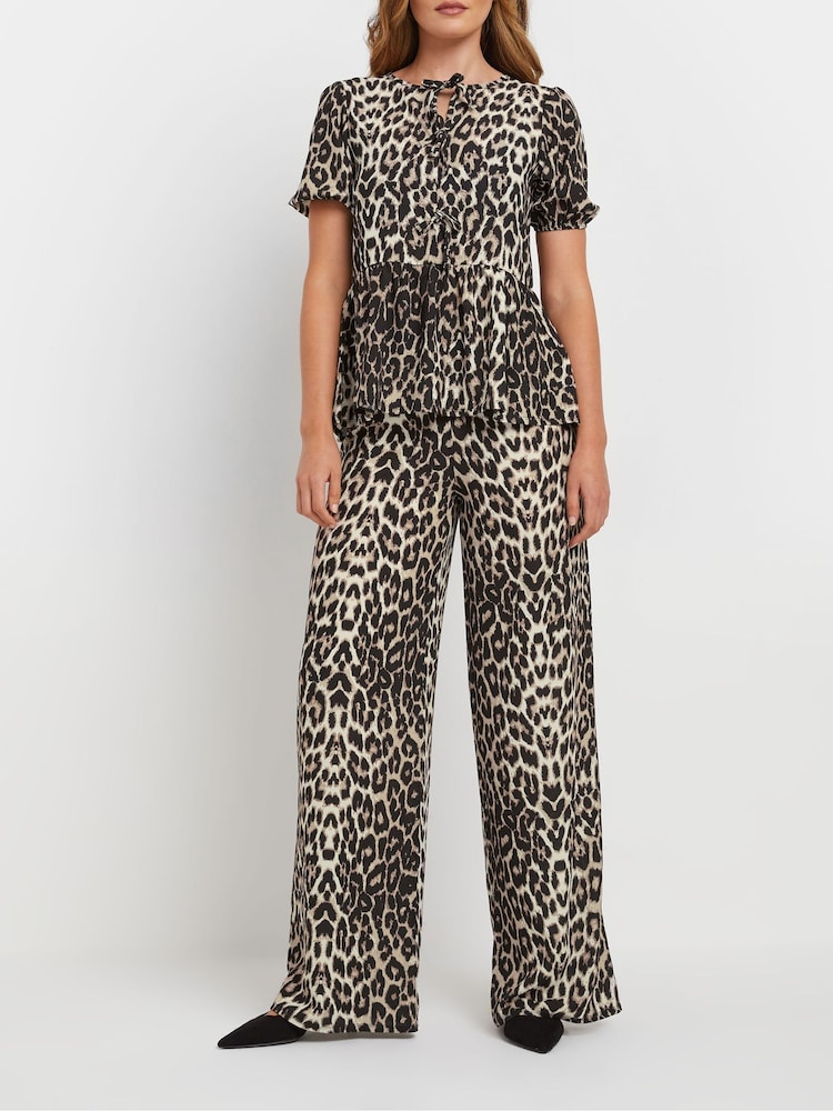 Long Tall Sally Natural Animal Print Wide Leg Trousers - Image 2 of 5