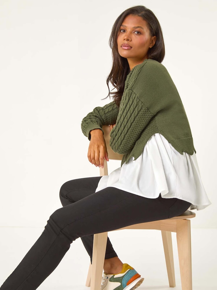 Roman Green 2 in 1 Contrast Cable Knit Jumper - Image 1 of 5