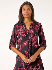 Roman Red Leaf Print Button Detail Top - Image 1 of 5