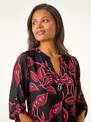 Roman Red Leaf Print Button Detail Top - Image 2 of 5