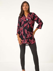 Roman Red Leaf Print Button Detail Top - Image 4 of 5