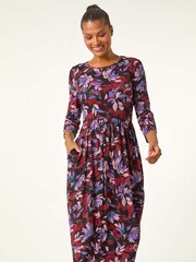 Roman Purple Floral Gathered Midi Dress - Image 2 of 5