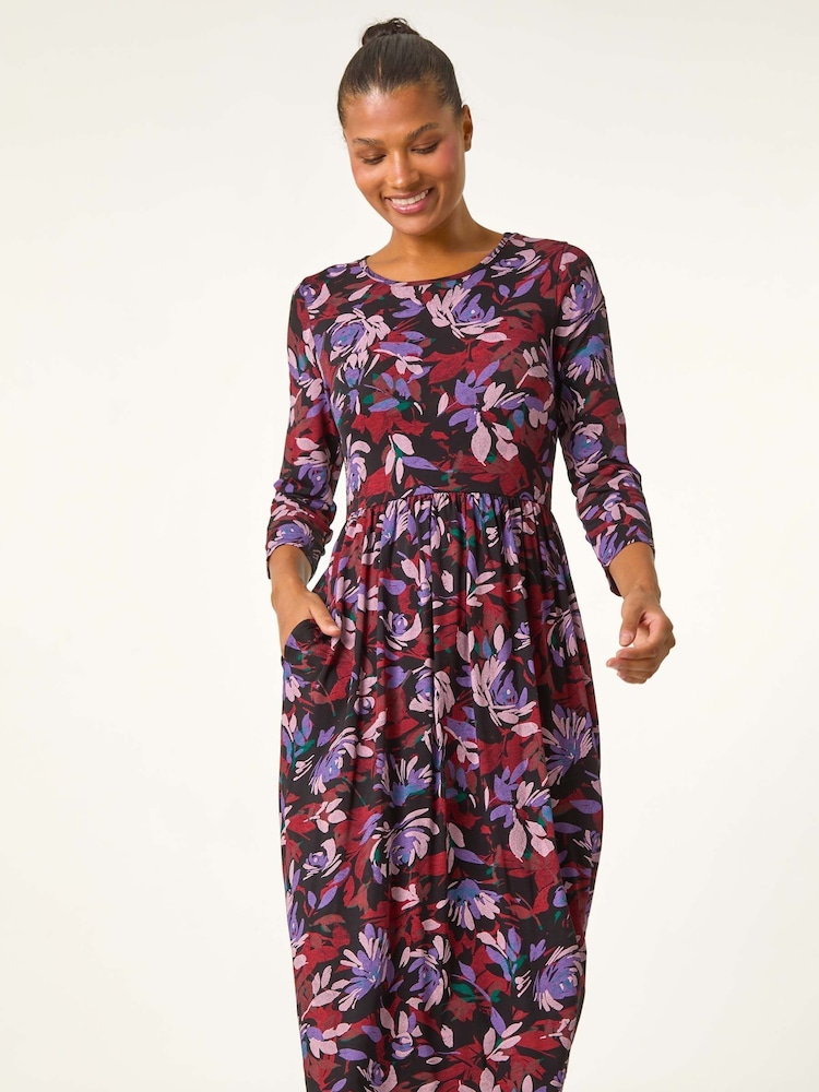 Roman Purple Floral Gathered Midi Dress - Image 2 of 5