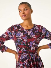 Roman Purple Floral Gathered Midi Dress - Image 4 of 5
