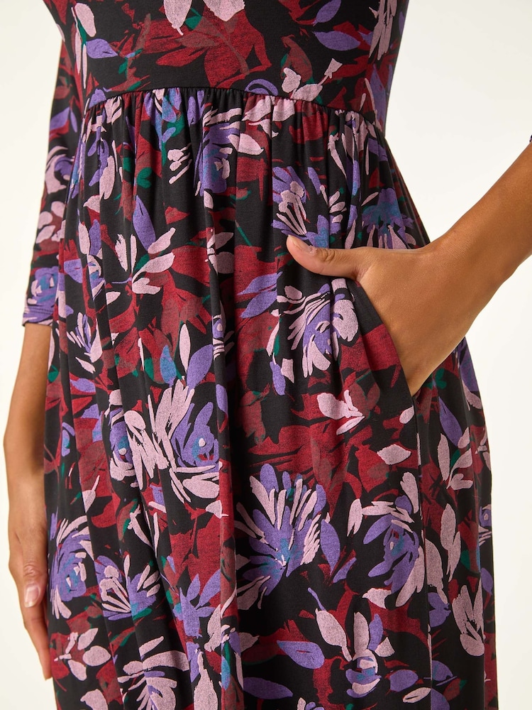 Roman Purple Floral Gathered Midi Dress - Image 5 of 5