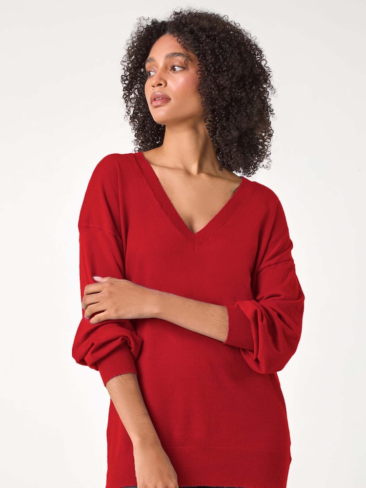 Roman Red Plain V-Neck Stretch Jumper - Image 1 of 5