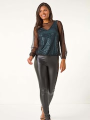 Roman Blue Mesh Overlay Sparkle Top - Image 1 of 5
