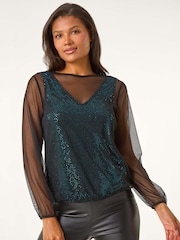 Roman Blue Mesh Overlay Sparkle Top - Image 2 of 5