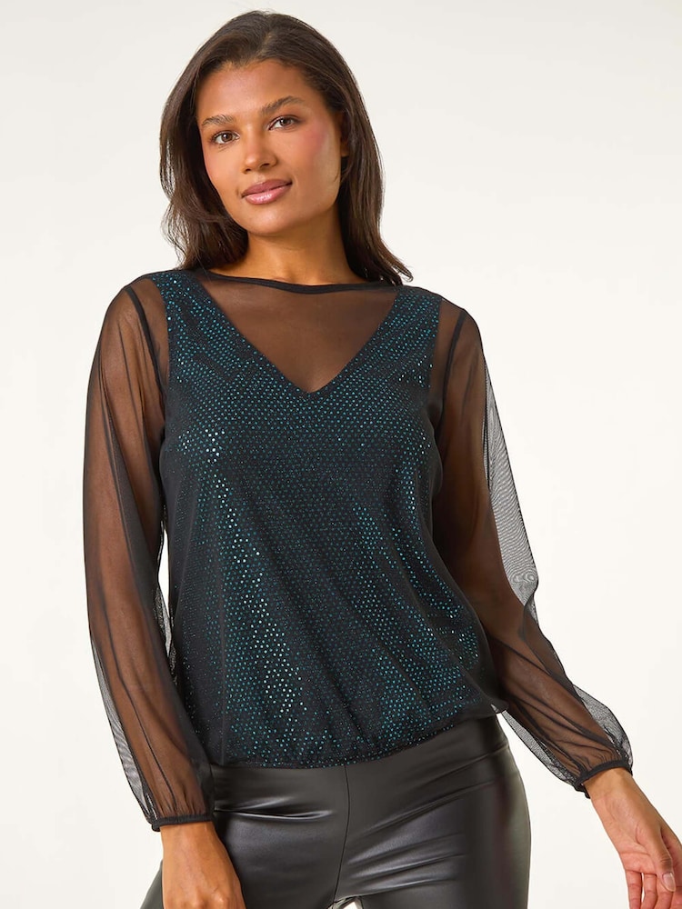 Roman Blue Mesh Overlay Sparkle Top - Image 2 of 5