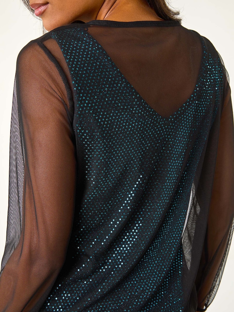 Roman Blue Mesh Overlay Sparkle Top - Image 5 of 5