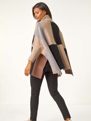 Roman Brown Check Colour Block Knit Poncho - Image 2 of 5