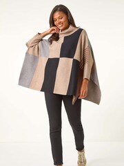 Roman Brown Check Colour Block Knit Poncho - Image 3 of 5