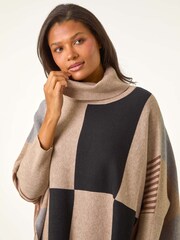 Roman Brown Check Colour Block Knit Poncho - Image 4 of 5
