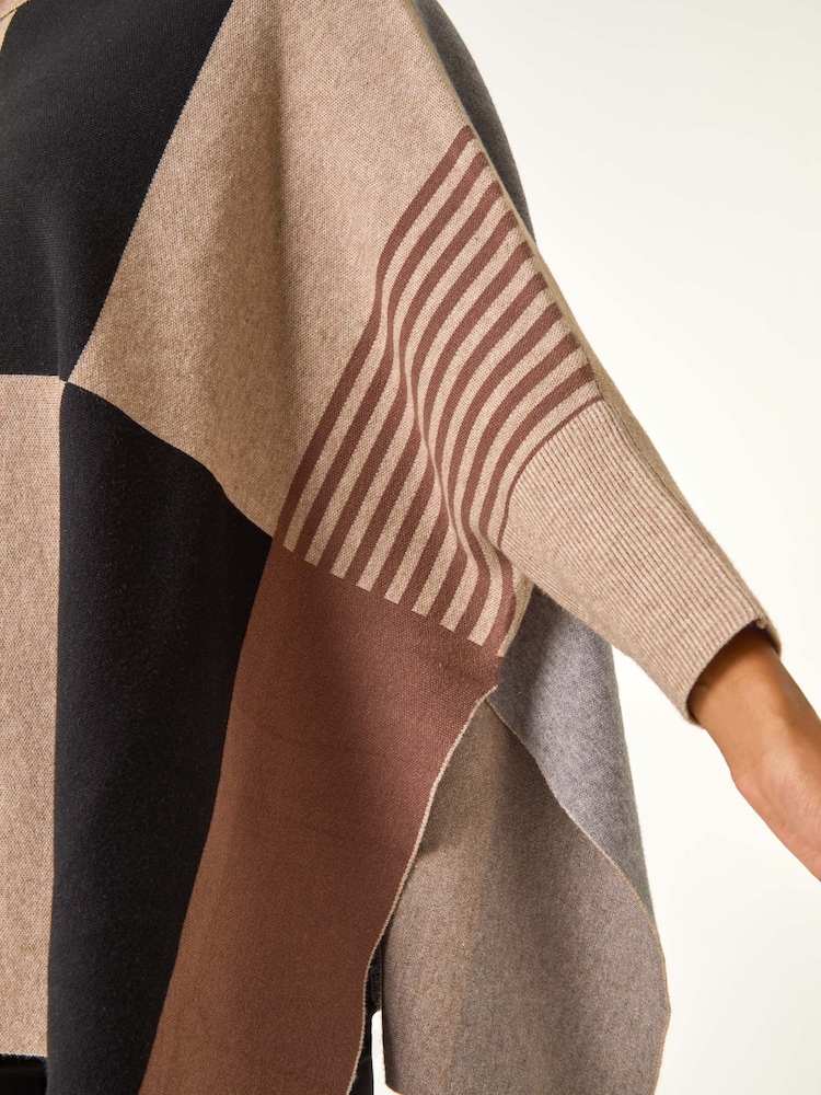 Roman Brown Check Colour Block Knit Poncho - Image 5 of 5