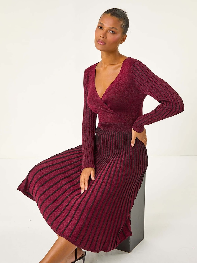 Roman Red Sparkle Wrap Knitted Midi Dress - Image 1 of 5