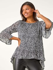 Roman Black Floral Print Pleated Tunic - Image 4 of 5