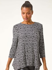 Roman Grey Printed Plisse Hanky Hem Tunic Stretch Top - Image 1 of 6